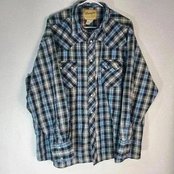 Wrangler Jeans Co Pearl Snap Button Up Shirt Western Blue Plaid Mens 3XL - Picture 1 of 6